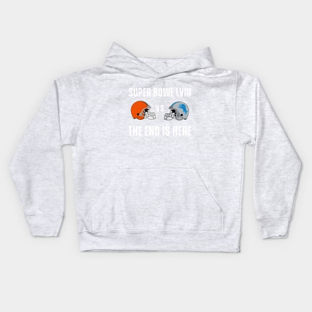 Super Bowl LVIII Browns Versus Lions 2024 Funny Football Fan Kids Hoodie by Little Duck Designs